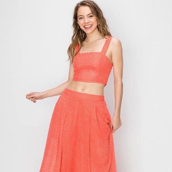 Pants - Coral Polka Dot 2pc Crop Top Wide Leg Pants